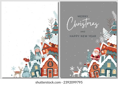 Set winter cards, frame with scandi houses, trees. Concept christmas and New Year. Winter ornament poster