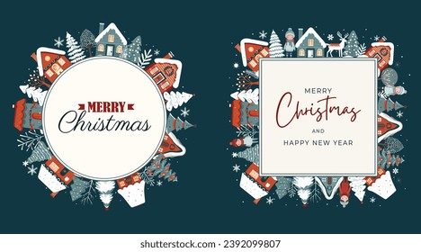 Set winter cards, frame with scandi houses, trees. Concept christmas and New Year. Winter ornament poster