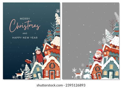 Set winter cards, frame with scandi houses, trees. Concept christmas and New Year. Winter ornament poster