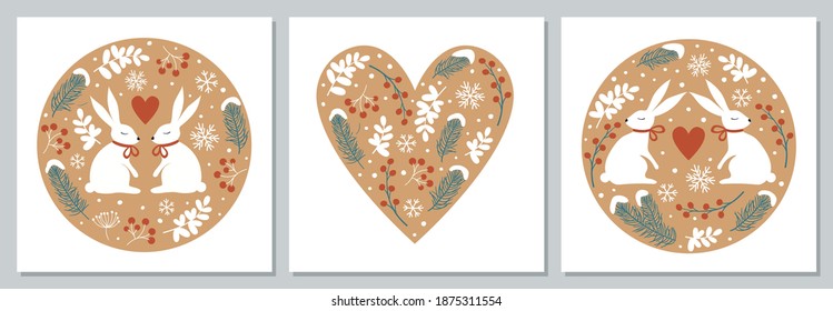 Set of winter cards. Hares, fir branches, rowan bunches, snowflakes, snow, berries. Valentine's Day greeting cards.