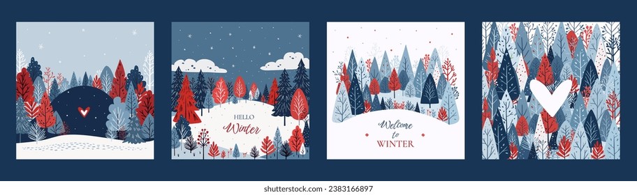 Juego de tarjetas de invierno para imprimir, redes sociales. Ilustración vectorial, brillantes felicitaciones por la llegada del invierno. Hermoso bosque de invierno.