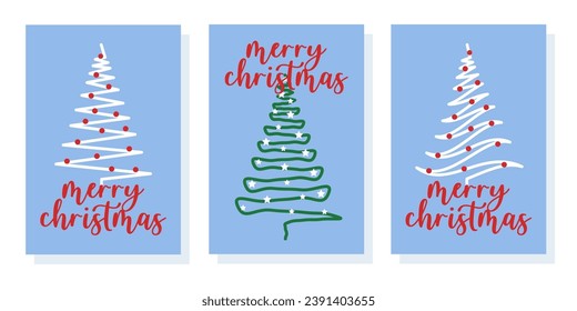 Set of winter cards. Vector illustration, flat style.Postcards with a Christmas tree. Design for brochures, cover, poster, banner, background, postcard, touristic card.