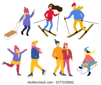 Set of winter characters with hobbies. Isolated collection of people leading active lifestyle. Woman and man skiing. Kid with sledges. Child figure skating. Walking couple in love. Vector in flat