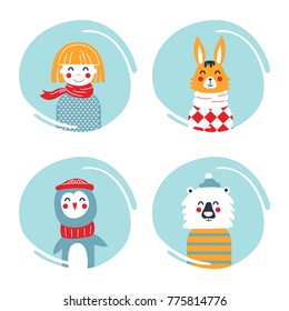 Set of winter characters includes a girl, rabbit, penguin, and bear. Good for stickers and greeting cards.