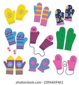 A set of winter children s mittens. Hello winter. Flat vector illustration. Design elements