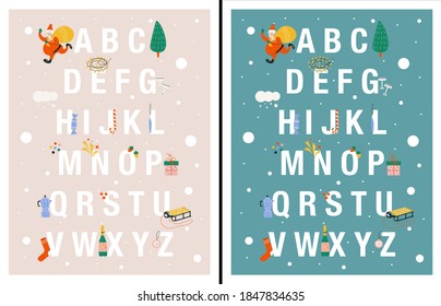 Set of winter childrens flat vector alphabets with set of elements for Christmas decor for learning letters. Children's alphabet.Merry Christmas and Happy New Year. Santa Claus, Christmas tree, toys.