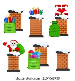 Set of winter chimney with Santa Claus, snow and gifts for christmas card decor design