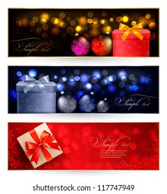 Set of winter christmas banners with gift boxes and snowflakes.  Vector illustration