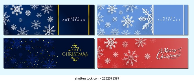Set of Winter Christmas Banners in teal blue, midnight blue, and red with Merry Christmas Typographic Greeting Text and copy space. White 3d Snowflake designs. Editable Vector Illustration. EPS 10.