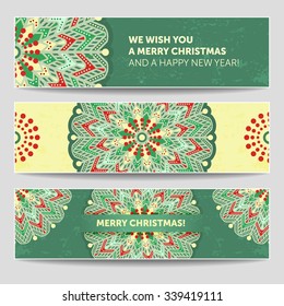 Set of winter christmas banners for Your business. Stylized Mandala illustration with many details. Snowflake for christmas website, brochure, greeting, invitation or business card, cover, etc.