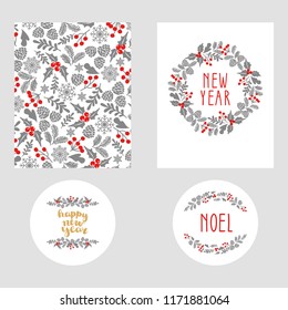 Set of Winter Christmas card, and design elements. Winter Christmas frame, vector illustration. Christmas greeting card with wreath.  Perfect for Christmas and New Year greetings, invitation.