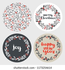 Set of Winter Christmas card, elements and illustrations. set of round backgrounds for New Year cards