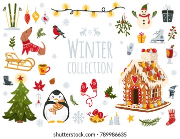 Set of winter and Christmas design elements. Greeting stylish illustration of winter toys,decoration, gingerbread house. Elements for Greeting Scrap booking, Congratulations, Invitation, winter design