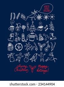 Set of winter and Christmas doodle hand drawn design elements on dark blue background
