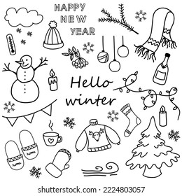 A set of winter and Christmas doodles drawn by hand on a white illustrated background. Vector icons, Christmas tree, snowflakes, snowman, sock, gifts and toys. Great for decoration, coloring pages, po