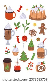 Set of winter Christmas drinks and sweets isolated on white background. Vector graphics.