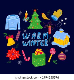 Set of Winter Christmas elements. Hand drawn doodle style. For christmas xmas New Year carnival party congratulation design, New Year decoration
