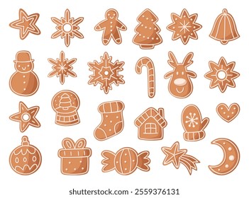 A set of Winter Christmas Gingerbread. Gingerbread Classic Decorated Cookies. Vector illustration.