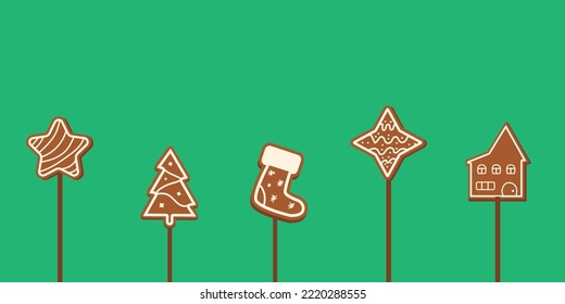  A set of Winter Christmas Gingerbread on a stick. Gingerbread Classic Decorated Cookies. New Year's Eve cookies. Holiday winter symbols. Green isolated background. Vector themed illustration.