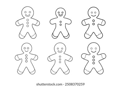  Set of winter Christmas gingerbread gingerbread, outlining, outline on white background. 