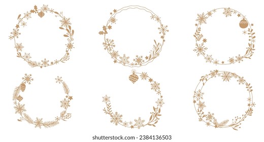 Set of Winter and Christmas holiday decoration wreath. Gold wreath collection. wreath decoration with snow flakes, leaves and ornaments. Vector illustration.