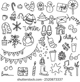 Set of Winter, Christmas, and holiday elements. crayon, doodle black line texture vector art, illustration, isolated on background, childlish, kid drawing, adorable and cute.