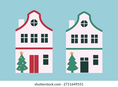 Set of winter Christmas house flat vector illustration.
Red and green holiday houses clipart.
Good for greeting card, poster, banner, leaflet.