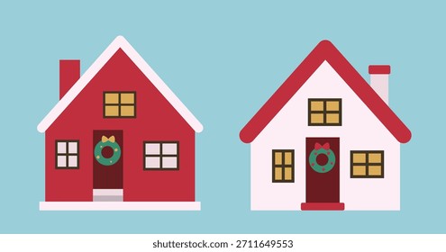 Conjunto de inverno casa de Natal ilustração vetor plana.
Casas de férias vermelhas e verdes clipart.
Bom para cartão, cartaz, banner, folheto.