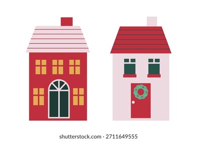 Conjunto de Navidades de invierno casa Ilustración vectorial plana.
Casas de vacaciones rojas y verdes Clipart.
Bueno para la tarjeta de felicitación, cartel, Anuncio, folleto.