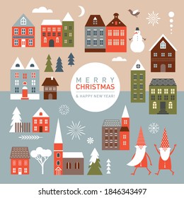 Set winter Christmas houses and design elements. Christmas decoration templates.