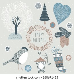 Set of Winter Christmas icons, elements and illustrations