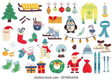 Set of winter and Christmas icons. Hand-drawn vector illustration.