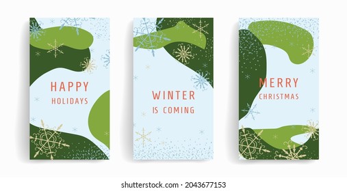 Set of winter Christmas, New Year backgrounds. Vector illustrations of templates for social media posts, stories, banners, mobile applications, internet. Trendy layout with copy space for text