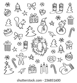 Set of winter, Christmas, New Year pictures. Merry Christmas. Happy New Year. Hand drawing. Doodles, sketch, design elements. Vector.