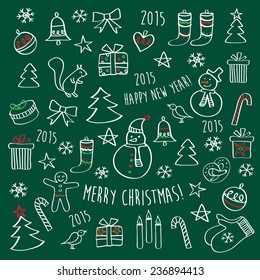 Set of winter, Christmas, New Year pictures. Merry Christmas. Happy New Year. Hand drawing with chalk on a blackboard. Doodles, sketch, design elements. Vector.