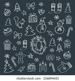 Set of winter, Christmas, New Year pictures. Merry Christmas. Happy New Year. Hand drawing with chalk on a blackboard. Doodles, sketch, design elements. Vector.