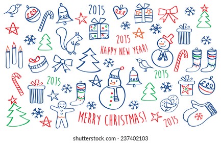 Set of winter, Christmas, New Year pictures. Merry Christmas. Happy New Year. Hand drawing on the white background. Doodles, sketch, design elements. Vector.