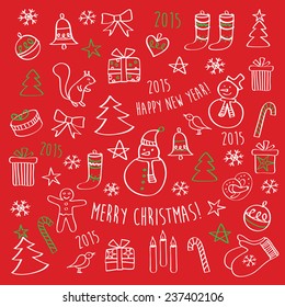 Set of winter, Christmas, New Year pictures. Merry Christmas. Happy New Year. Hand drawing on the red background. Doodles, sketch, design elements. Vector.