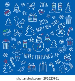 Set of winter, Christmas, New Year pictures. Merry Christmas. Happy New Year 2016. Hand drawing with chalk on the dark blue background. Doodles, sketch, design elements.