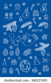 Set of winter, Christmas, New Year pictures.  Doodles, sketch, design elements. Vector.