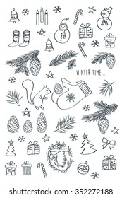 Set of winter, Christmas, New Year pictures. Doodles, sketch, design elements.