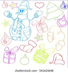 Set of winter, Christmas, New Year pictures. Merry Christmas. Happy New Year. Hand drawing.