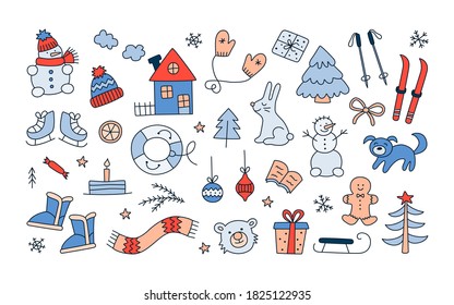 Set of winter christmas objects in doodle style. Hand drawn snowman, scarf, mittens, ski, christmas tree balls. Vector illustration on white background