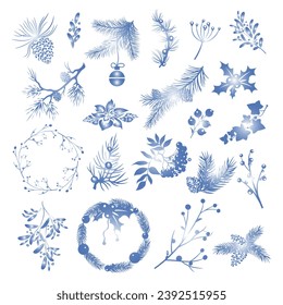 Set of winter Christmas plants blue gradient. Isolate on a white background. Vector illustration.