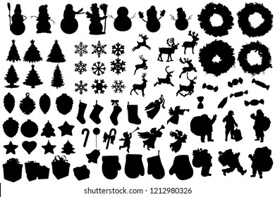 Set of winter and christmas silhouettes. Christmas collection. Clip art for banner, flyer, business, card, poster. Vector. 