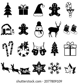 Set of winter and christmas silhouettes. Christmas collection. Clip art for banner, flyer, business, card, poster. Vector. tree black and white