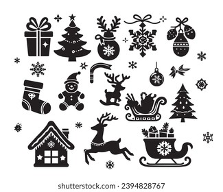 Set of winter and christmas silhouettes. Christmas collection. Clip art for banner, flyer, business, card, poster. Vector.