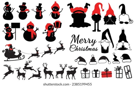 Set of winter and christmas silhouettes.Santa Claus flies with reindeer,  Gnomes, snow man Christmas collection. Santa's cart with reindeer. Clip art for banner, flyer, business, card, poster. Vector