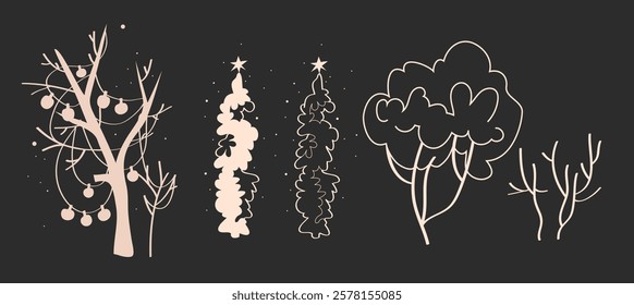 A set of winter Christmas trees, park trees under the snow, a branchy tree with garlands, Winter Tree Collection, christmas Tree Illustrations, branches, contour trees