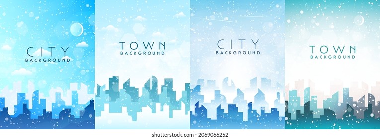 Set of Winter city skyline landscape, town buildings in different time and urban cityscape town sky. Daytime cityscape. Architecture silhouette downtown vector background. Flat design for flyers